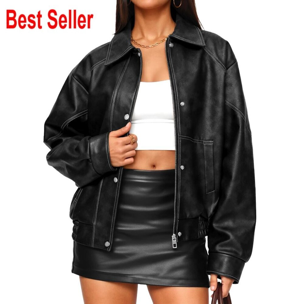 Oversized Faux Leather Motorcycle Bomber Jacket Women's Fall Winter Coat